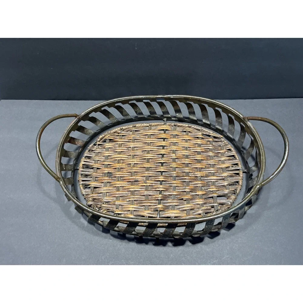 Vintage Woven Wicker and Metal Oval Serving Tray with Handles Rustic Home Decor
